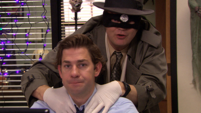 Dwight wearing Scranton Strangler costume