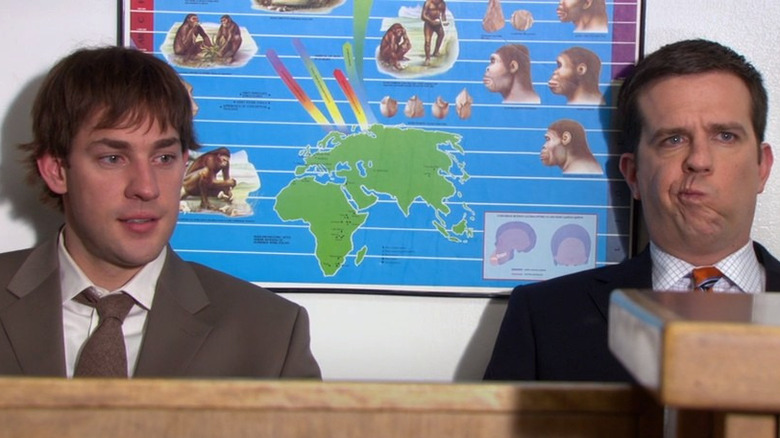 Jim and Andy waiting to see the principal, shortly after discovering Andy has been seeing a high school student