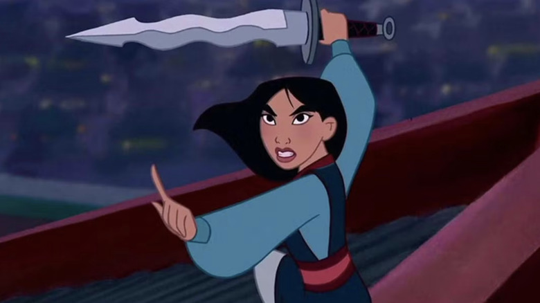 Mulan fights to defend China with a sword in Mulan (1998)