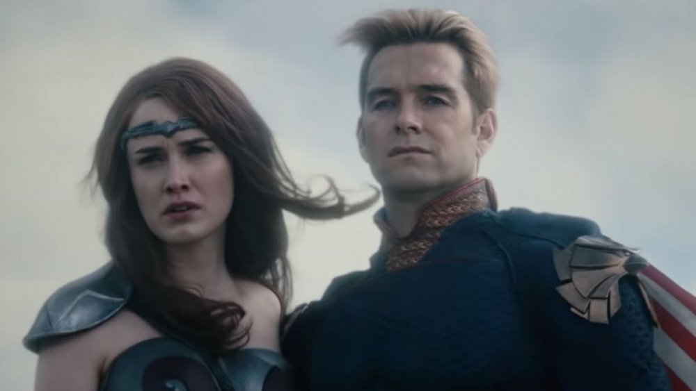 Antony Starr and  Dominique McElligott's Homelander and Maeve watch plane go down on The Boys