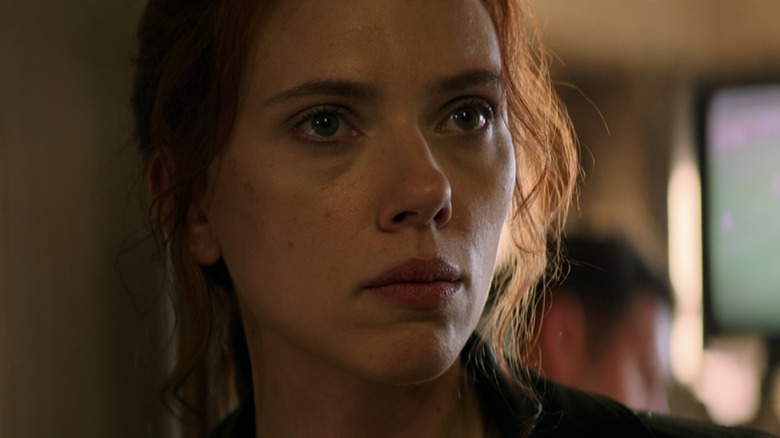 Scarlett Johansson looking serious in Black Widow