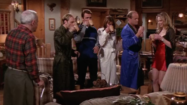 The characters drink from mugs in The Ski Lodge