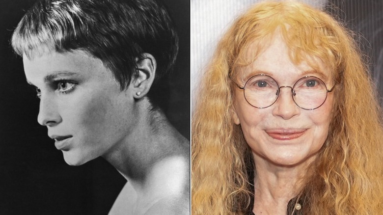 Mia Farrow Rosemary's Baby publicity shot split with current with glasses smiling