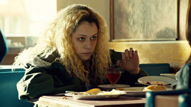 Helena eating jello in diner 