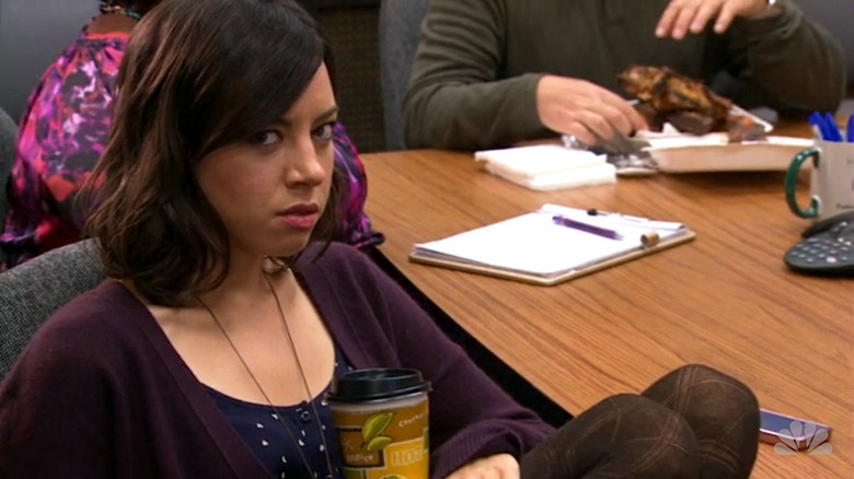 Aubrey Plaza Rachel Ludgate scowling conference room