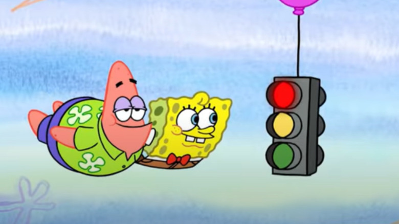 Patrick Star and SpongeBob SquarePants at a traffic light