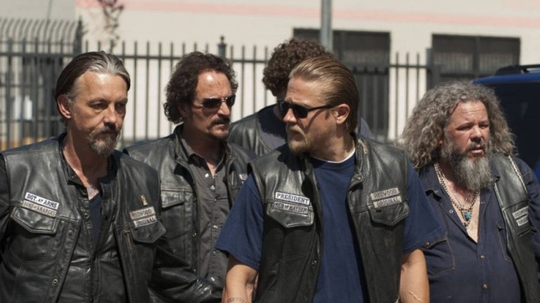 The Sons of Anarchy biker gang discussing plans