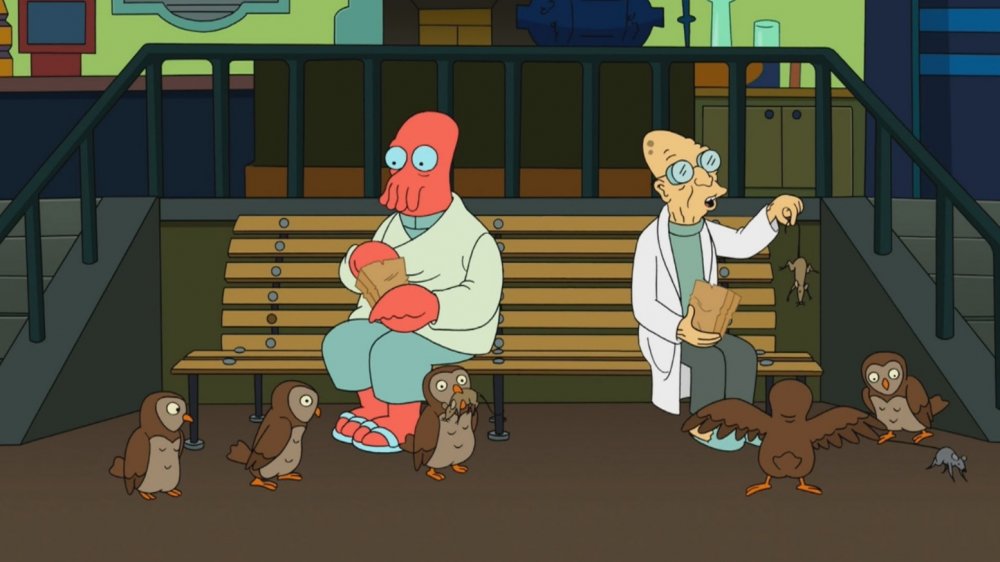 Zoidberg and Professor Farnsworth feeding owls in Futurama