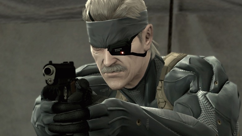 Solid Snake aiming a pistol