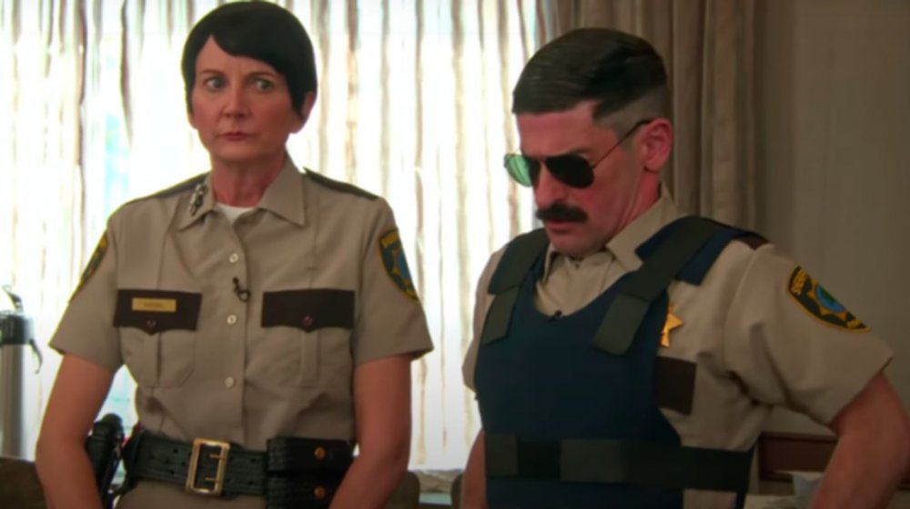 Kerri Kenney-Silver and Robert Ben Garant as Deputy Wiegel and Deputy Junior in Quibi's Reno 911!