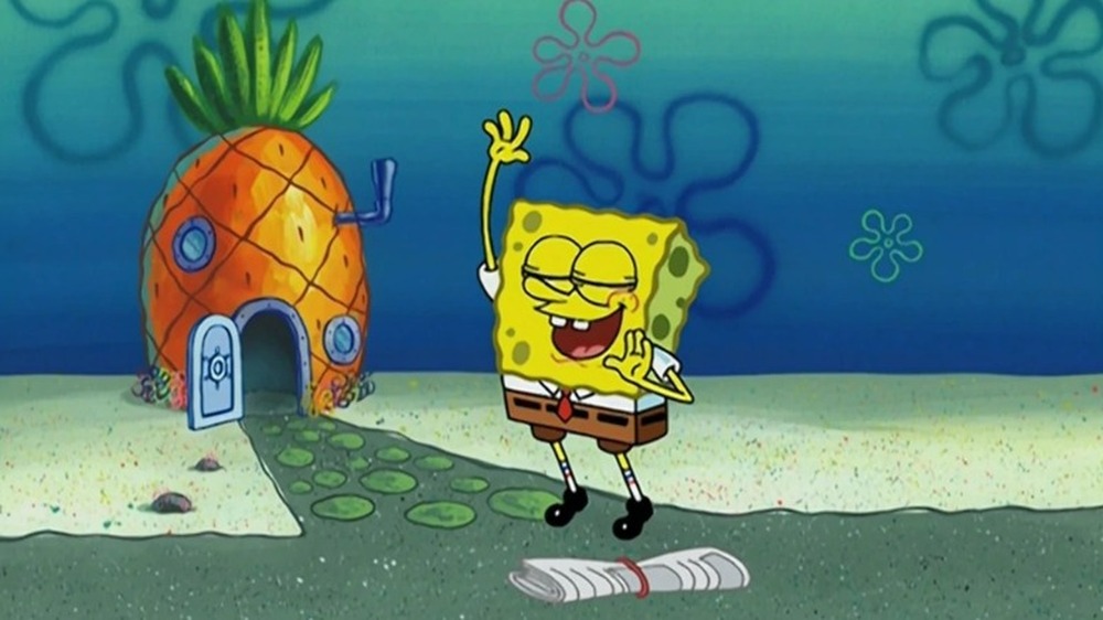 SpongeBob waving on the street