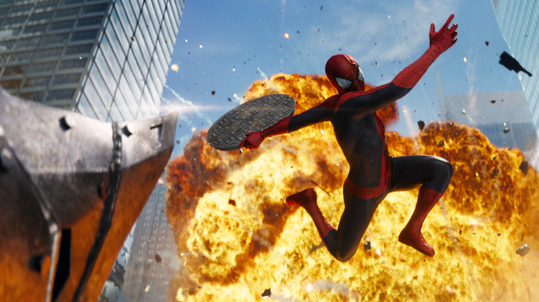 Spider-Man in front of an explosion