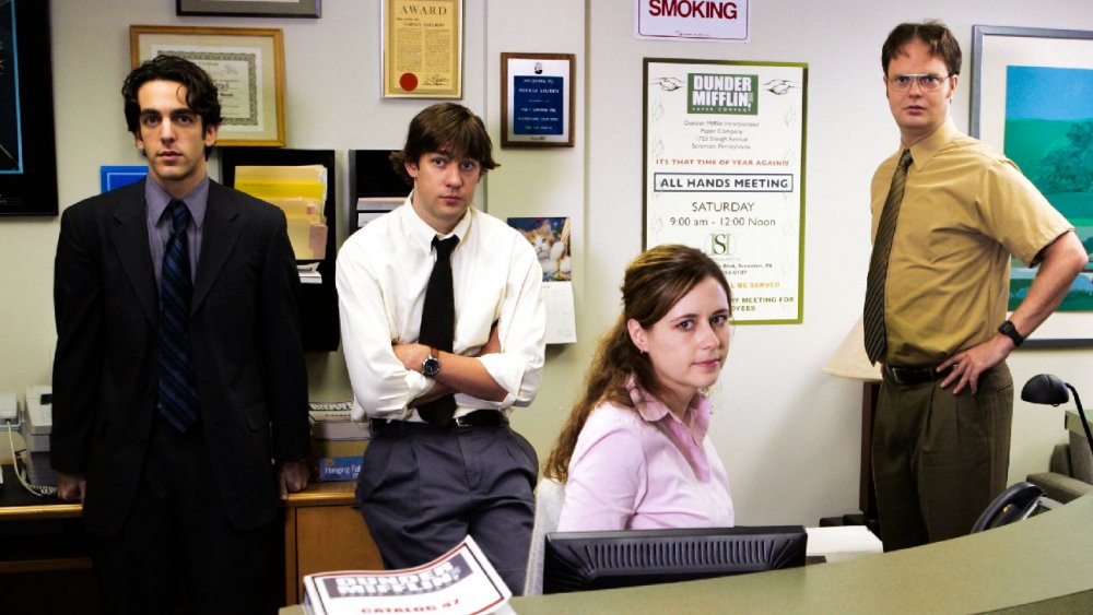 BJ Novak, John Krasinski, Jenna FIscher, and Rainn Wilson as Ryan Howard, Jim Halpert, Pam Beesly, and Dwight Schrute in The Office