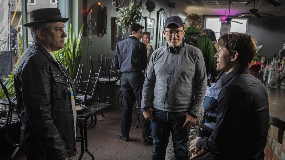 Joe Russo, Anthony Russo and Tom Holland on the set of Cherry