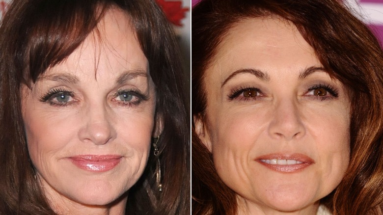 Pamela Sue Martin (l) smiles with lips closed and Emma Samms (R) offers slight smile