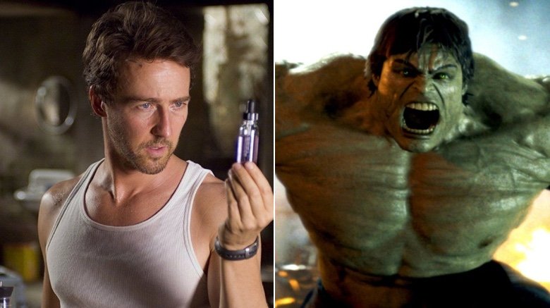 Split image of Ed Norton as Bruce Banner and the digital Hulk from Incredible Hulk