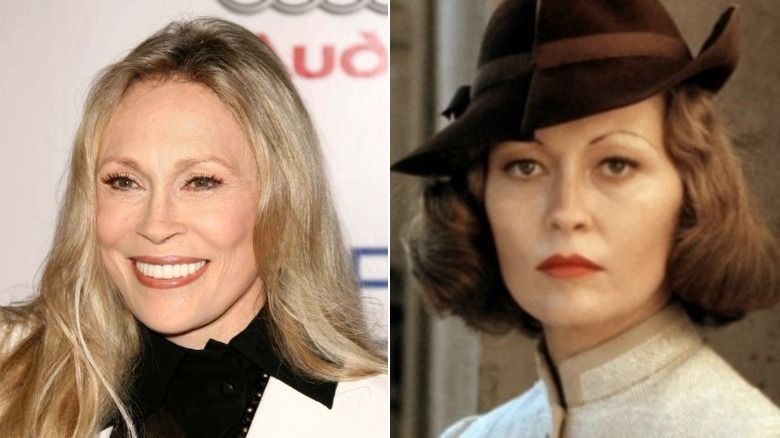 Faye Dunaway smiling and Evelyn Mulwray grimacing