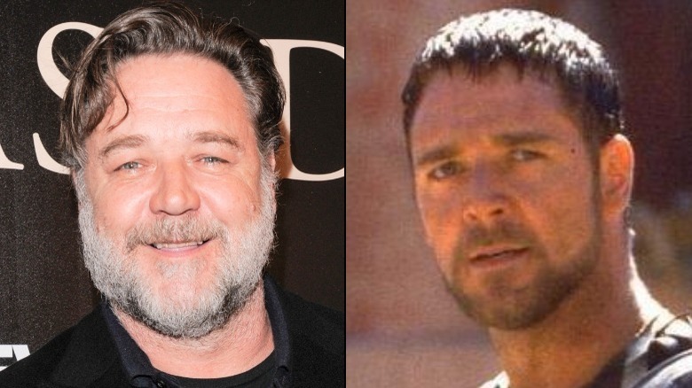 Russell Crowe smiling and Maximus staring