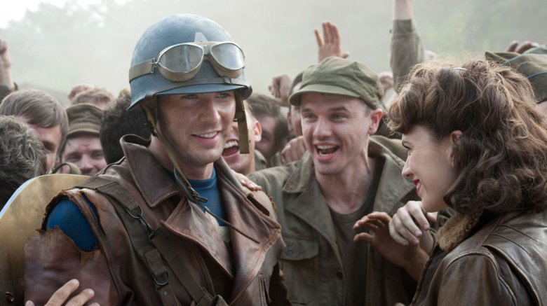 Steve Rogers as Captain America with Hayley Atwell as Peggy Carter in Captain America: The First Avenger