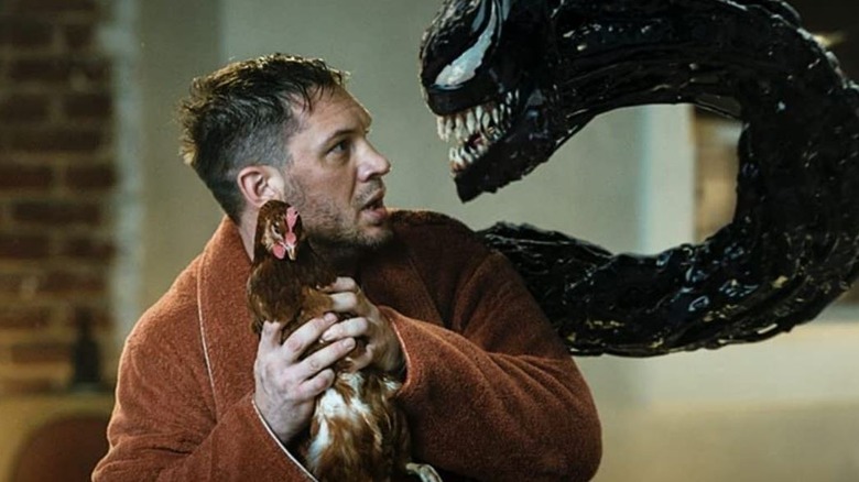 Tom Hardy with chicken in "Venom: Let There Be Carnage"