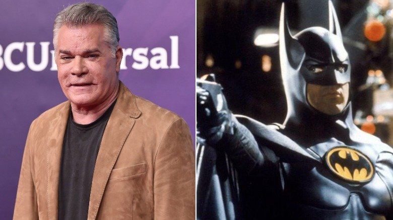 Split image of Ray Liotta at an event and Michael Keaton as Batman