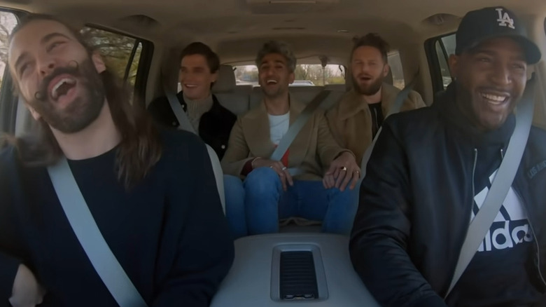 The Fab Five of Queer Eye in a car