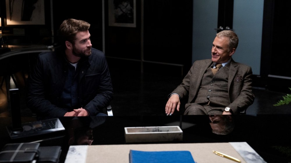 Liam Hemsworth and Christoph Waltz as Dodge Tynes and Miles Sellars in Most Dangerous Game