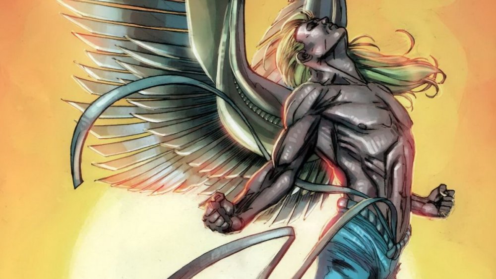 Warren Worthington III, AKA Archangel, soaring into the sky