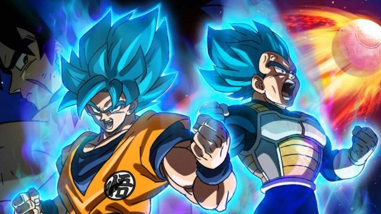 Super Saiyan Blue Goku and Vegeta powering up while Broly watches from behind