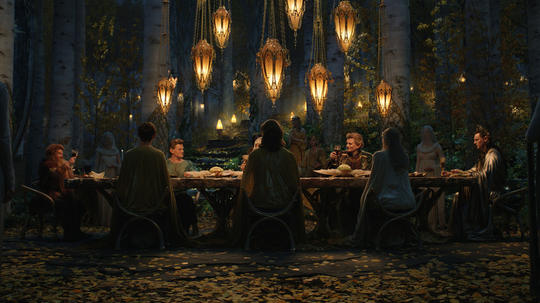 Several characters eating dinner in Lindon