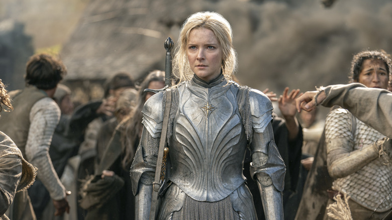 Galadriel stands in armor