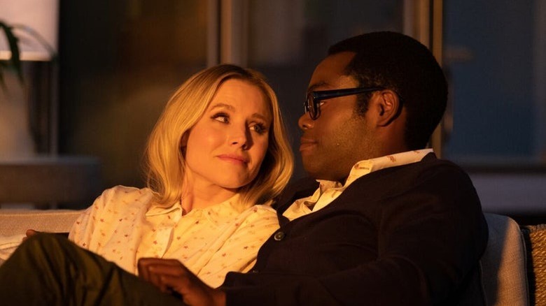 Chidi and Eleanor sit together on "The Good Place" (2020)