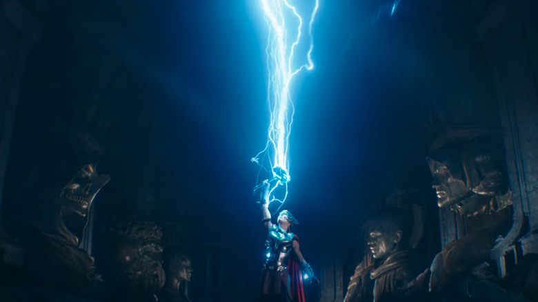 Lightning strikes into the sky from Mighty Thor's hammer