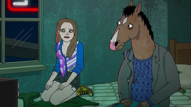 Sarah Lynn and BoJack Horseman sit on bed