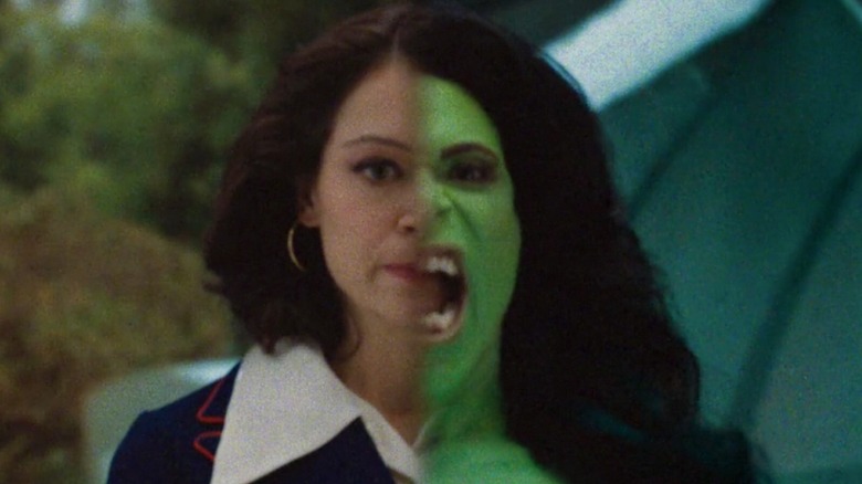 Tatiana Maslany looking angry as Savage She-Hulk