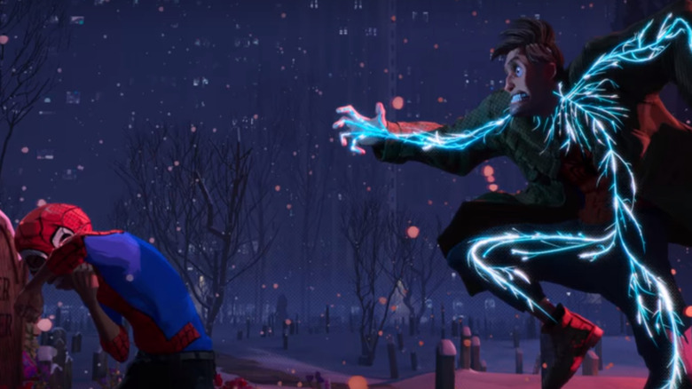 Miles Morales electrocuting Peter Parker