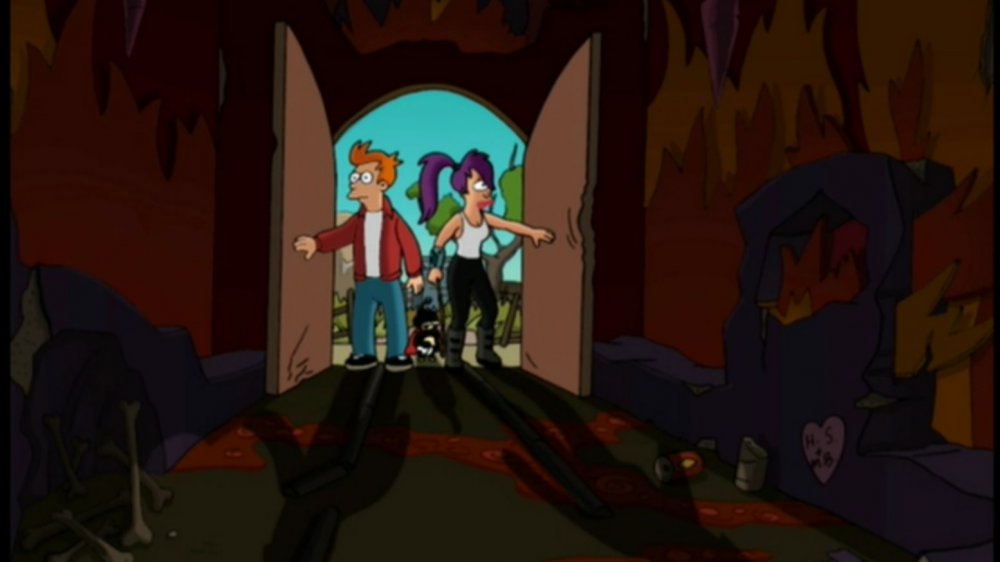 Fry, Nibbler, and Leela enter The Inferno in the Futurama episode "Hell is Other Robots"