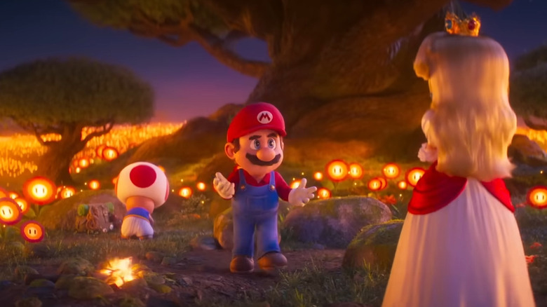 Mario approaching Princess Peach, surrounded by flaming flowers