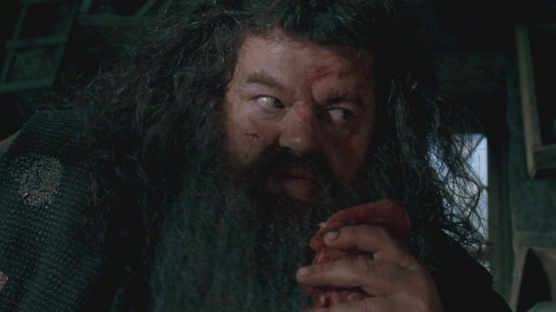 Hagrid with a purple eye, holding a piece of raw meet