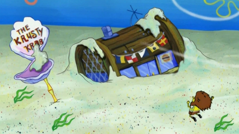 SpongeBob mourning destroyed Krusty Krab