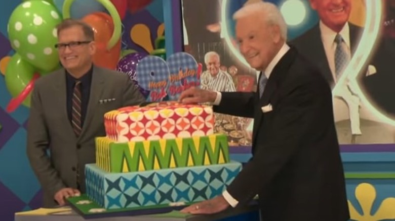 Drew Carey and Bob Barker with prop cake