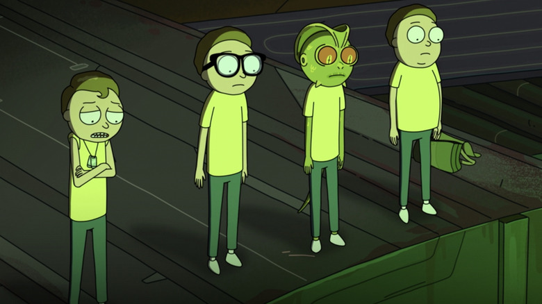 The Mortys standing in line