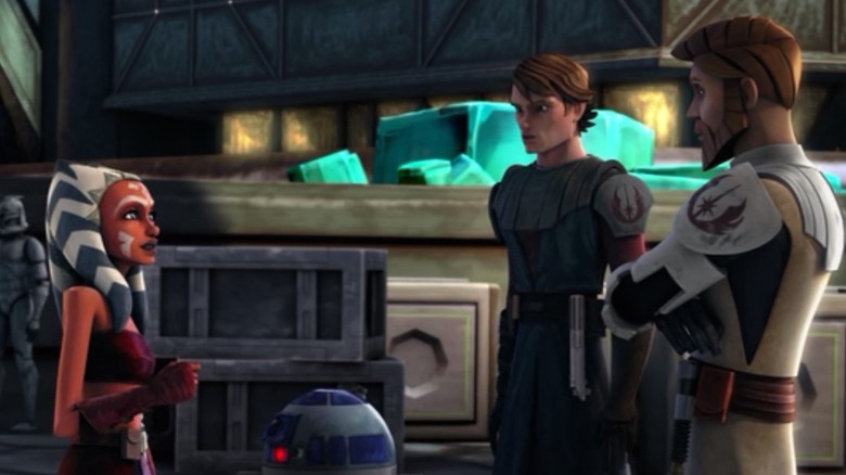 Obi-Wan Kenobi and Anakin Skywalker talking to Ahsoka Tano