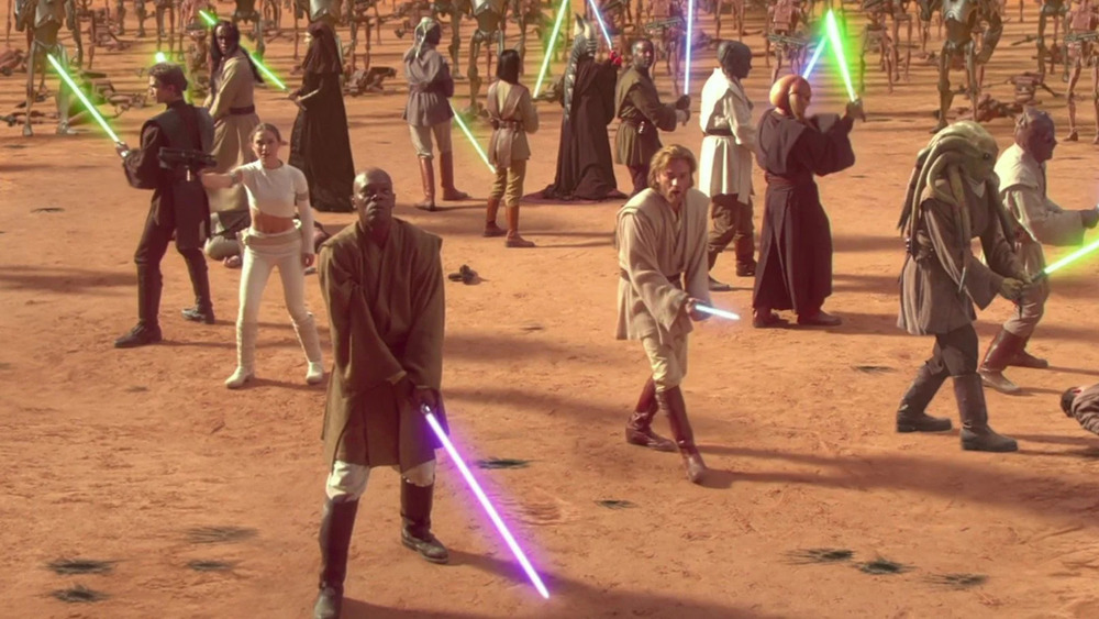 Hayden Christensen, Natalie Portman, Samuel L. Jackson, and Ewan McGregor in Star Wars: Attack of the Clones