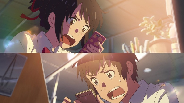 Taki and Mitsuha shouting in outrage