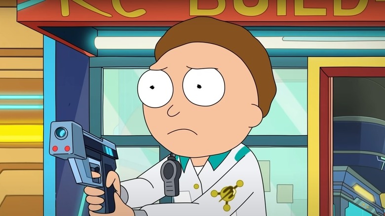 Cop Morty holding up gun