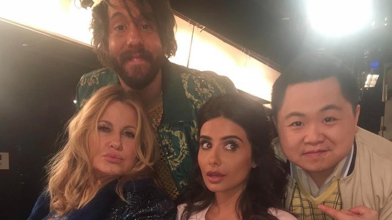 Jennifer Coolidge, Jonathan Kite, Mikaela Hoover and Matthew Moy on the set of "Two Broke Girls" 