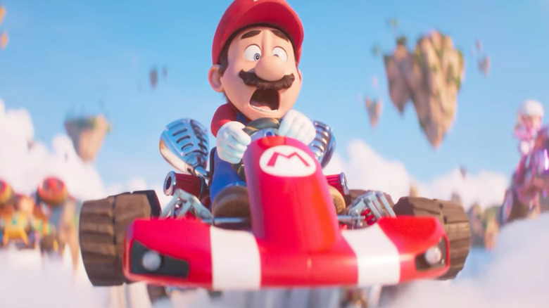 A scared Mario riding his kart