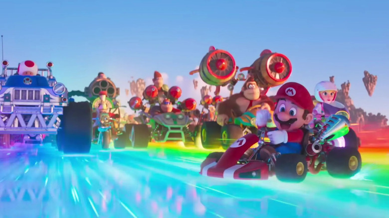 Mario and co racing down Rainbow Road 