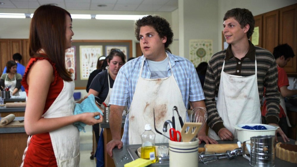 Emma Stone, Jonah Hill, and Michael Cera in Superbad